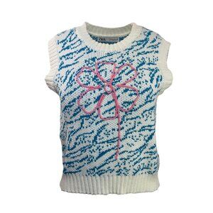 Zara White and Blue Sweater Vest with Pink Flower